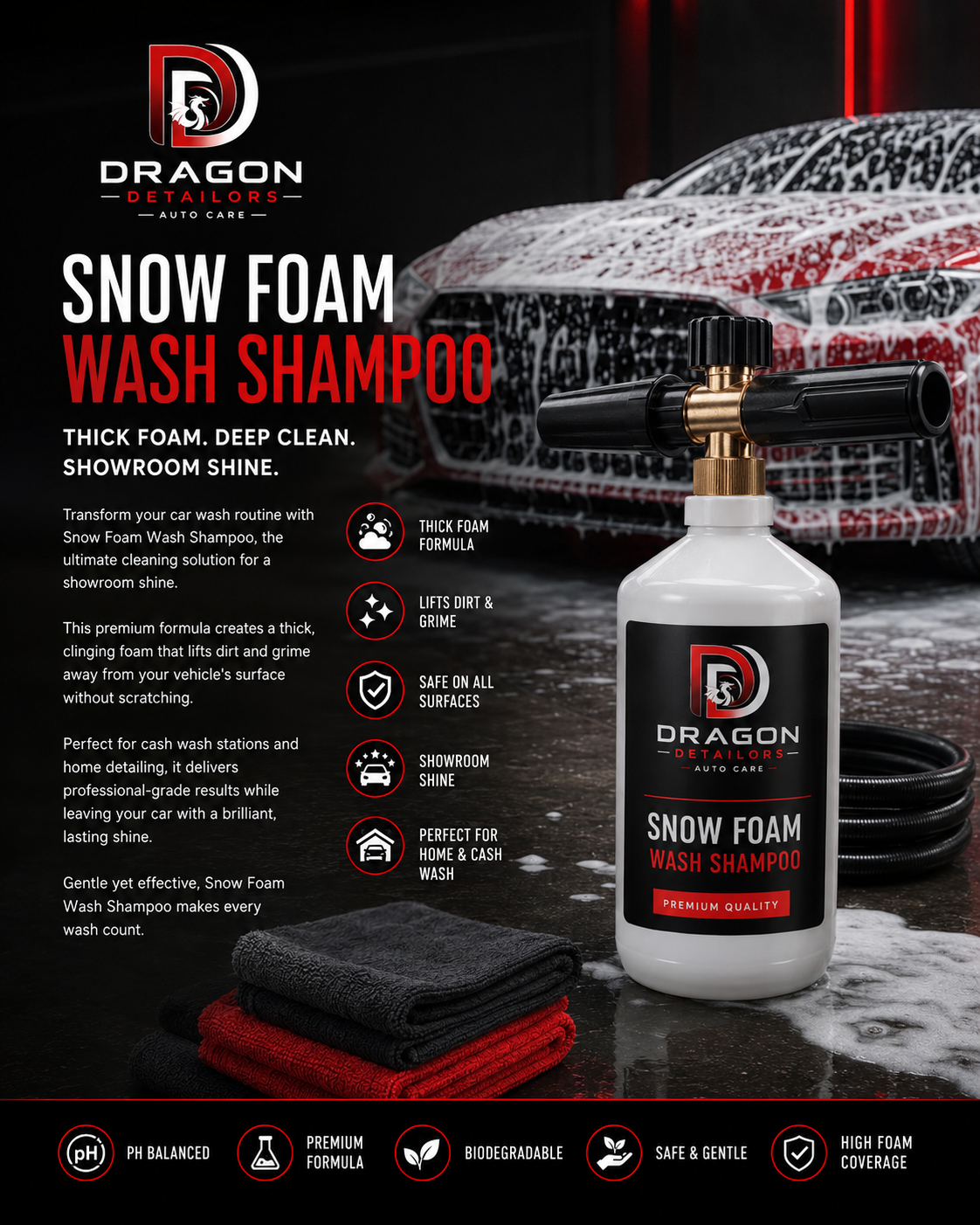 Dragon Detailors Snow Foam Wash Shampoo | High Foam pH Neutral Car Wash Shampoo